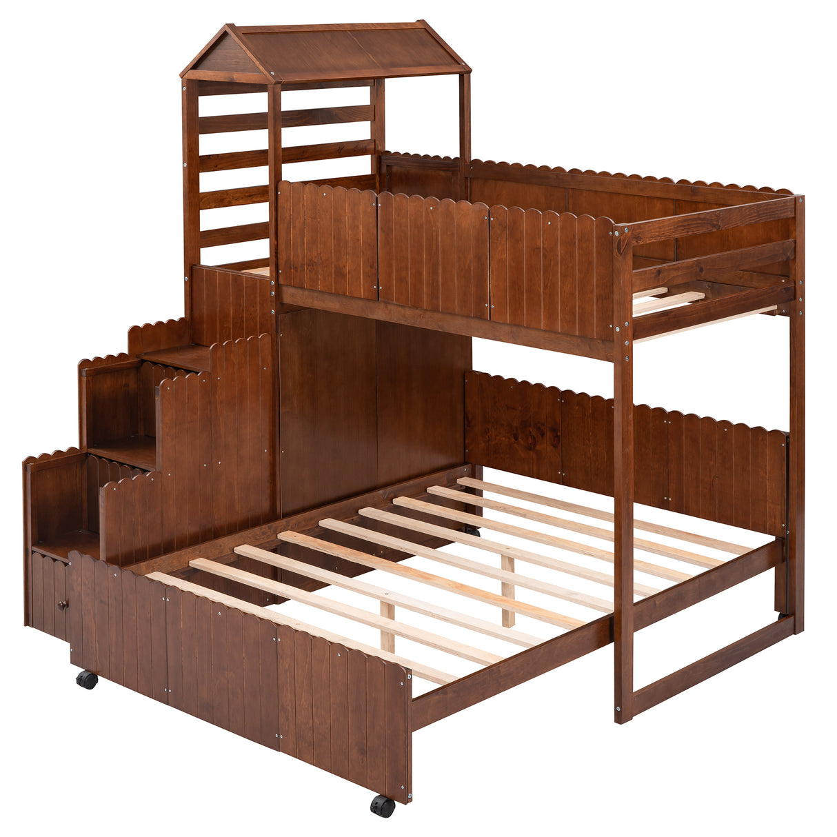 Stairway Twin Over Full Bunk Bed, House Bed with Two Shelves and Seven Drawers,Walnut - Home Elegance USA