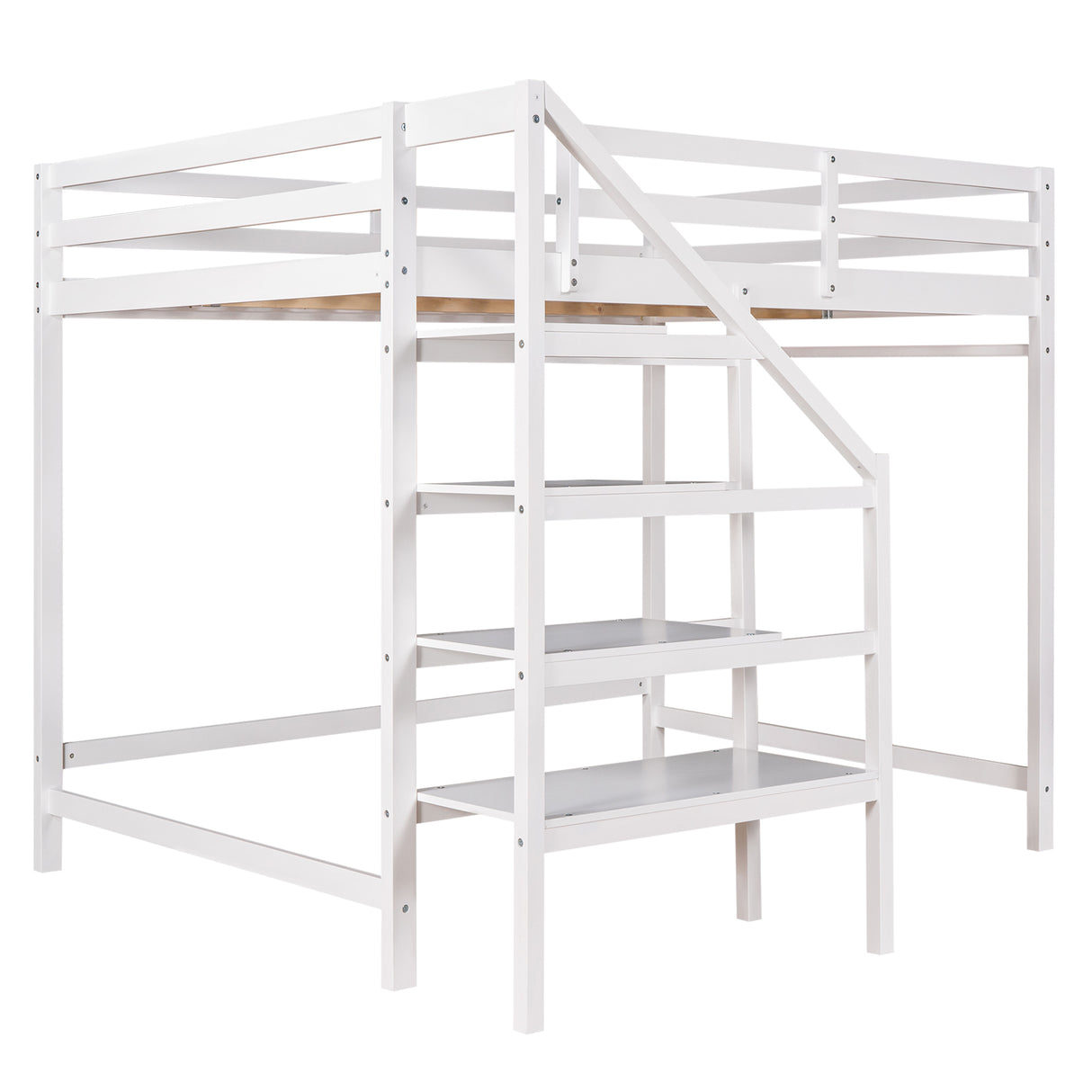 Full Size Loft Bed with Built-in Storage Staircase and Hanger for Clothes,White - Home Elegance USA