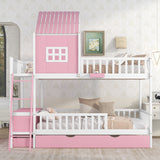 Full over Full Bunk Bed with Twin Size Trundle , Farmhouse Bed with Storage Box and Drawer - Pink - Home Elegance USA