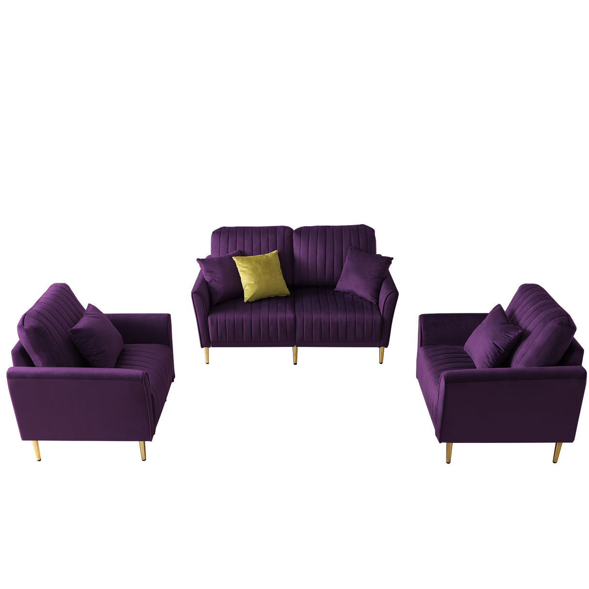 Mid Century Modern Sectional Sofa Set, Couch Sets for Living Room 3 Pieces, 2 Piece Fabric Arm Chair and 1 Piece Loveseat Set For Living Room, Purple Velvet Home Elegance USA