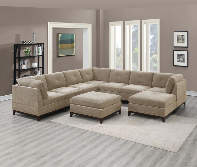 Camel Chenille Fabric Modular Sectional 9pc Set Living Room Furniture Corner Sectional Couch 3x Corner Wedge 4x Armless Chairs and 2x Ottomans Tufted Back Exposed Wooden Base | Home Elegance USA