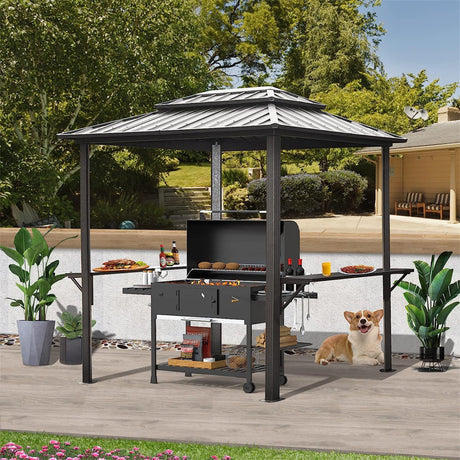 Grill Gazebo 8' × 6', Aluminum BBQ Gazebo Outdoor Metal Frame with Shelves Serving Tables, Permanent Double Roof Hard top Gazebos for Patio Lawn Deck Backyard and Garden (Grey)