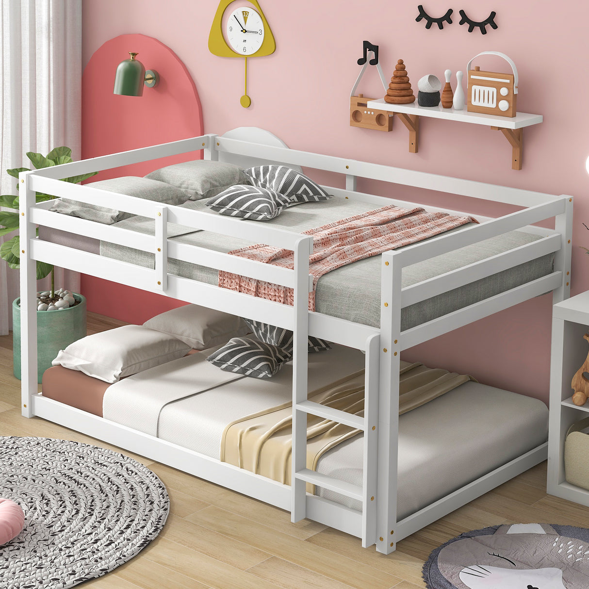 Twin over Twin Floor Bunk Bed, White(Old Sku:W50430320) - Home Elegance USA