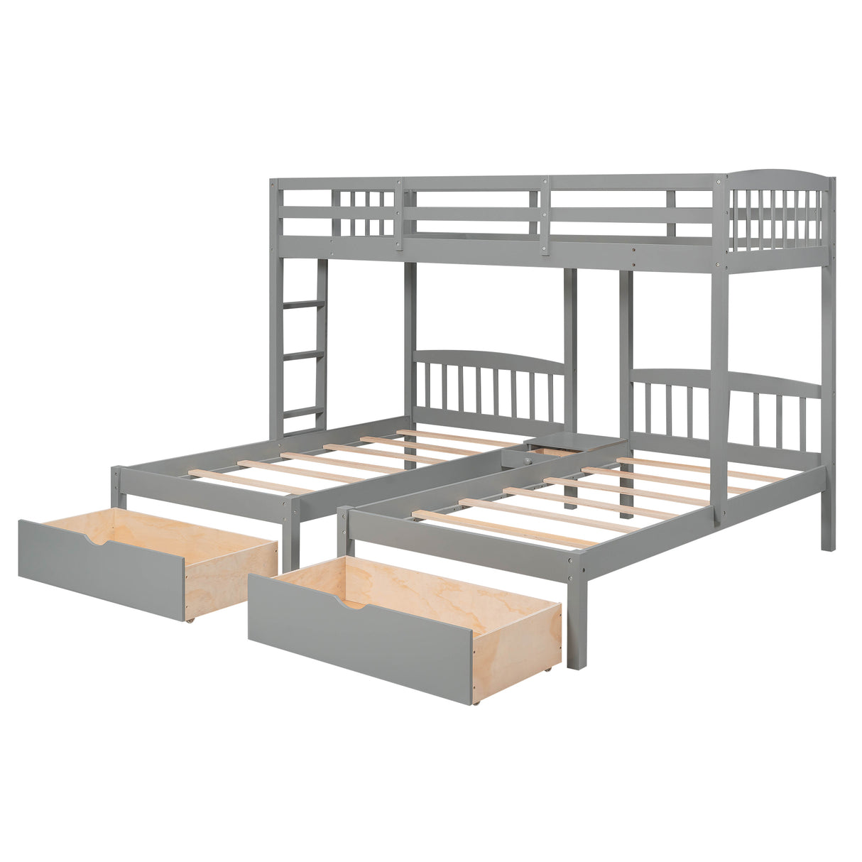 Twin over Twin & Twin Bunk Bed with Two Drawers and Built-in Middle Drawer, Gray - Home Elegance USA