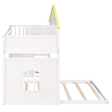 Twin over Full House Bunk Bed with Pink Staircase and Drawer,  Shelves Under the Staircase, House Shaped Bed with Windows, White - Home Elegance USA