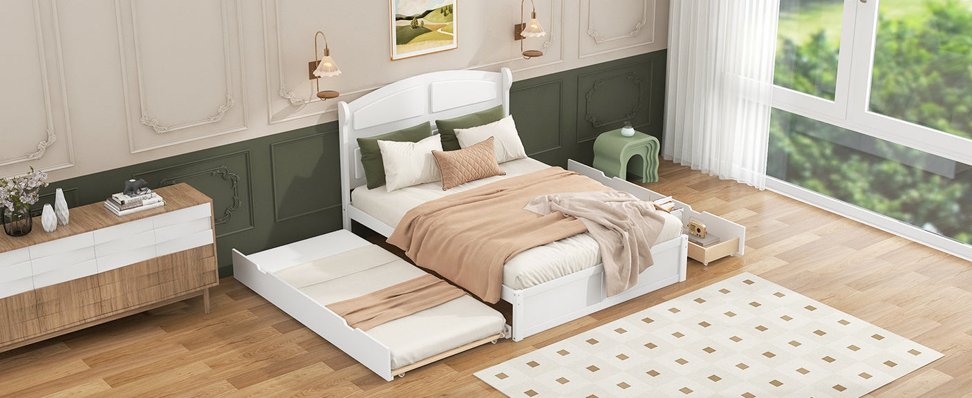 Wood Queen Size Platform Bed with Twin Size Trundle and 2 Drawers, White(Expected Arrival Time: 9.2)