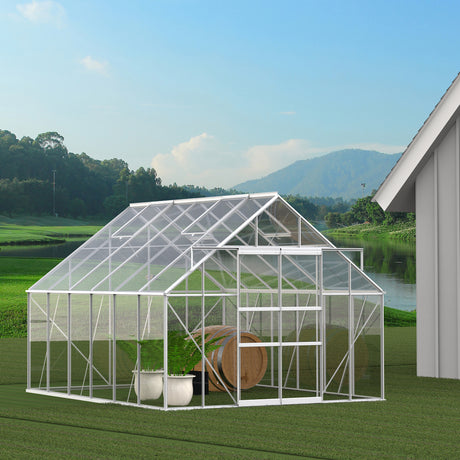 10' W x 12' D Walk-in Polycarbonate Greenhouse with Roof Vent,Sliding Doors,Aluminum Hobby Hot House for Outdoor Garden Backyard