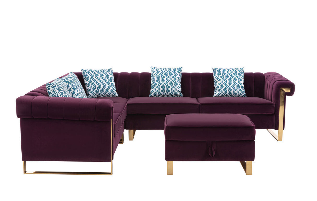 Maddie Purple Velvet 6-Seater Sectional Sofa with Storage Ottoman - Home Elegance USA