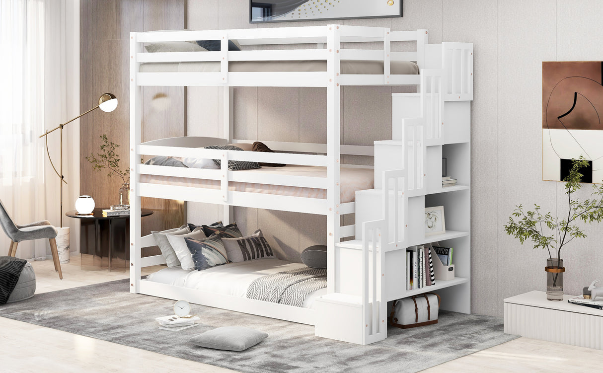 Twin Size Triple Bunk Bed with Storage Staircase,Separate Design,White - Home Elegance USA