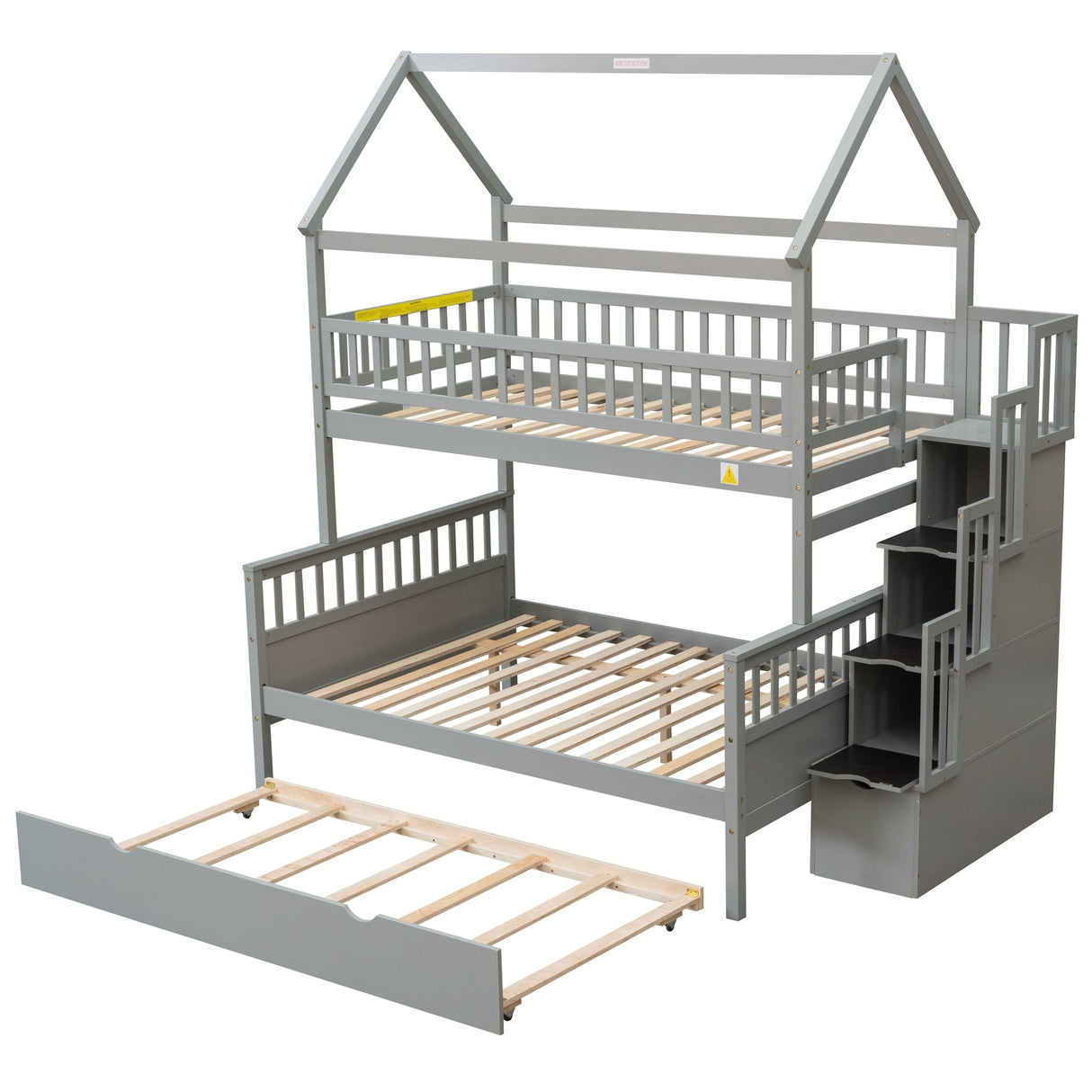 Twin over Full Size House Bunk Bed with Storage Staircase and Trundle,Full-Length Guardrail,Gray - Home Elegance USA