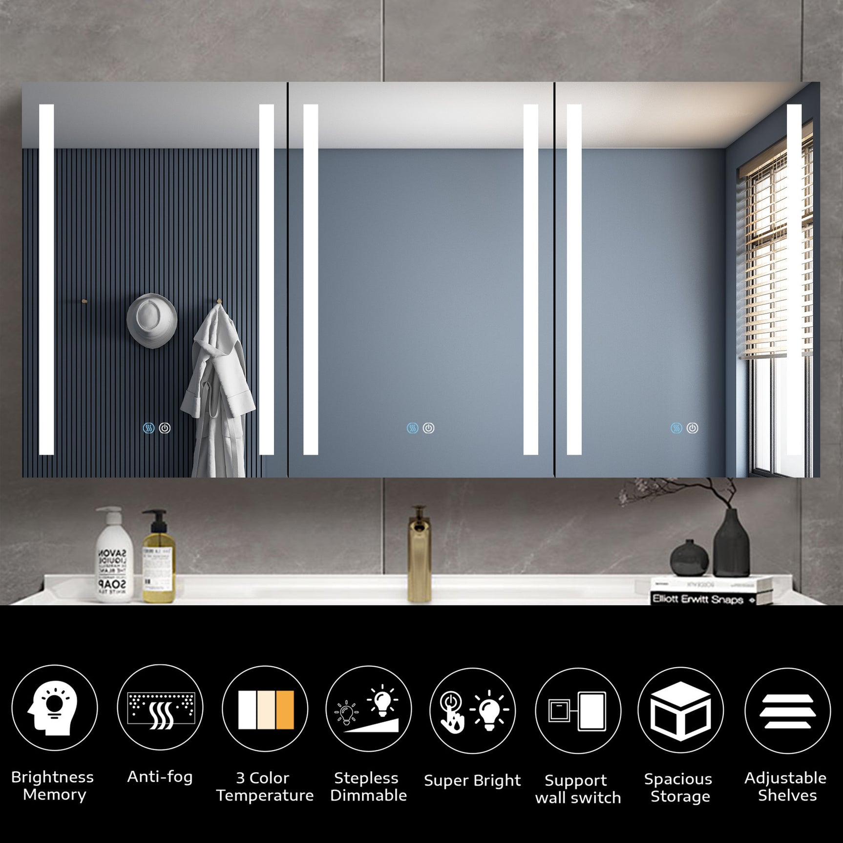 60x30 Inch LED Bathroom Medicine Cabinet Surface Mount Double Door Lighted Medicine Cabinet, Medicine Cabinets for Bathroom with Mirror Defogging, Dimmer Black - W995S00074 - image - 2