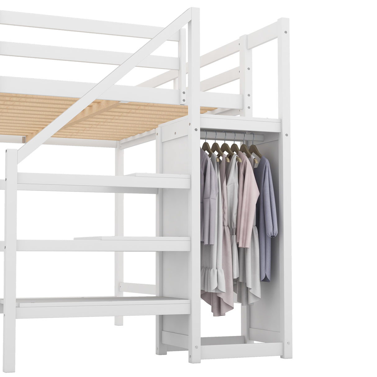 Full Size Loft Bed with Built-in Storage Wardrobe and Staircase,White - Home Elegance USA