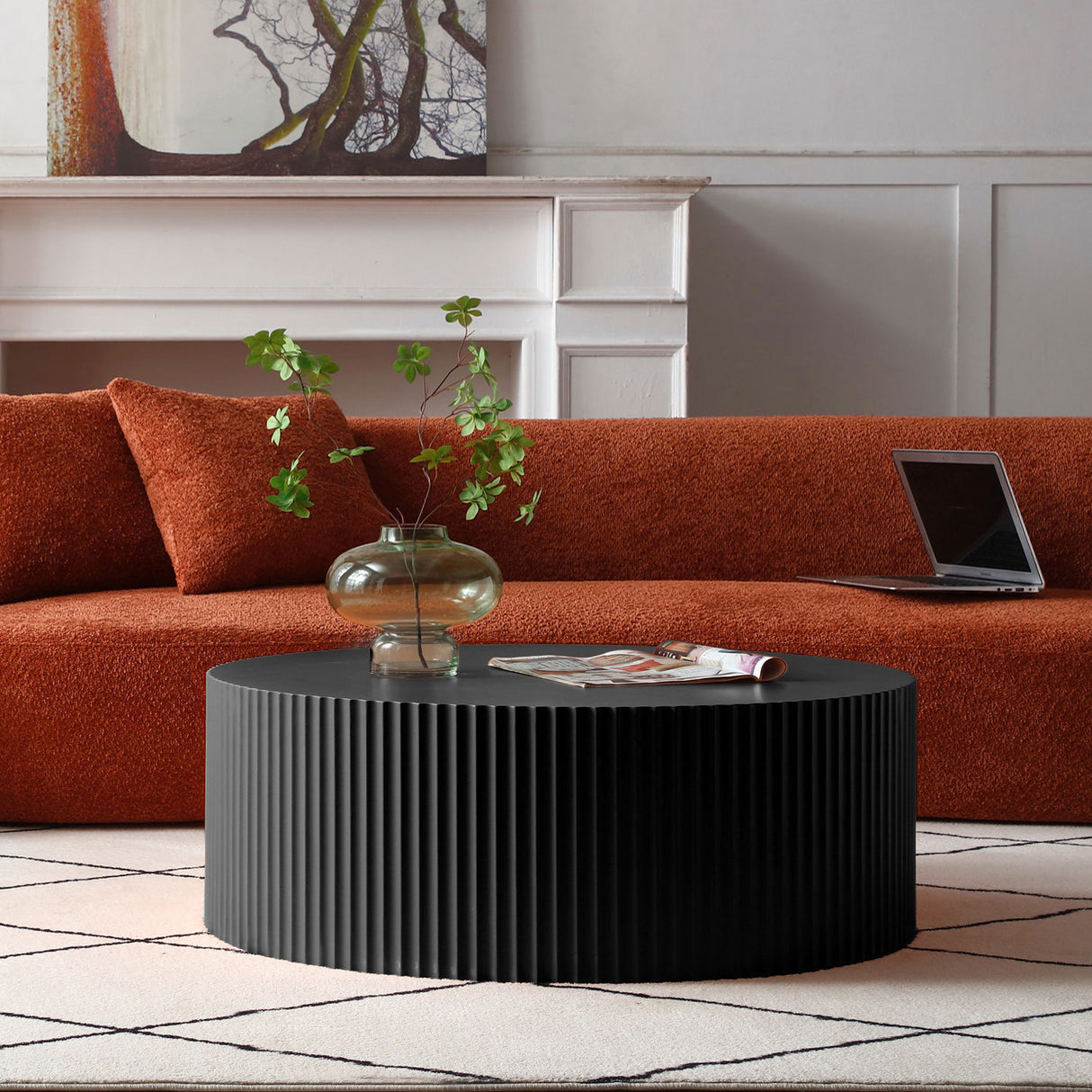 Sleek and Modern Round Coffee Table with Eye-Catching Relief Design, Black Home Elegance USA