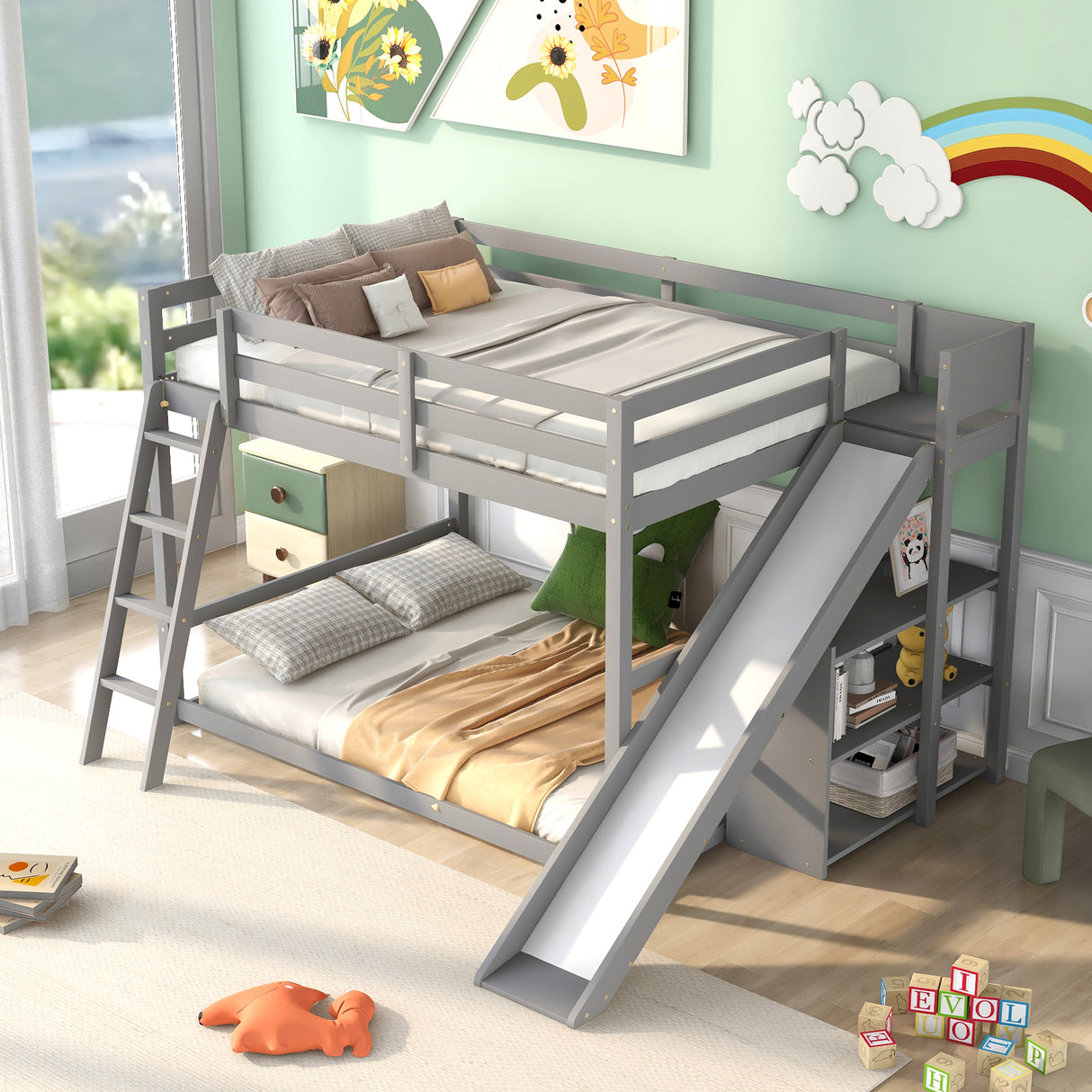 Full over Full Bunk Bed with Ladder, Slide and Shelves, Gray - Home Elegance USA