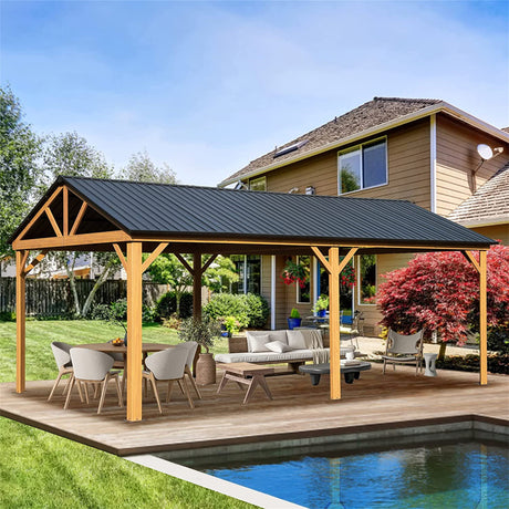 12x20ft Hardtop Gazebo | Galvanized Steel Gable Roof with Wood Grain Aluminum Frame | Permanent Outdoor Pavilion for Patio & Garden – Yellow Brown