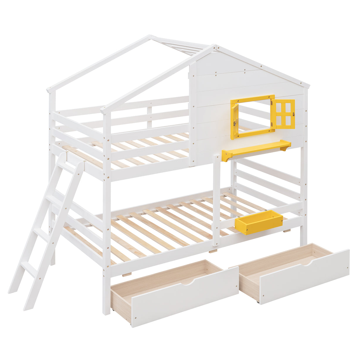 Twin over Twin Bunk Bed with 2 Drawers, 1 Storage Box, 1 Shelf, Window and Roof-White(OLD SKU:LT000608AAK) - Home Elegance USA