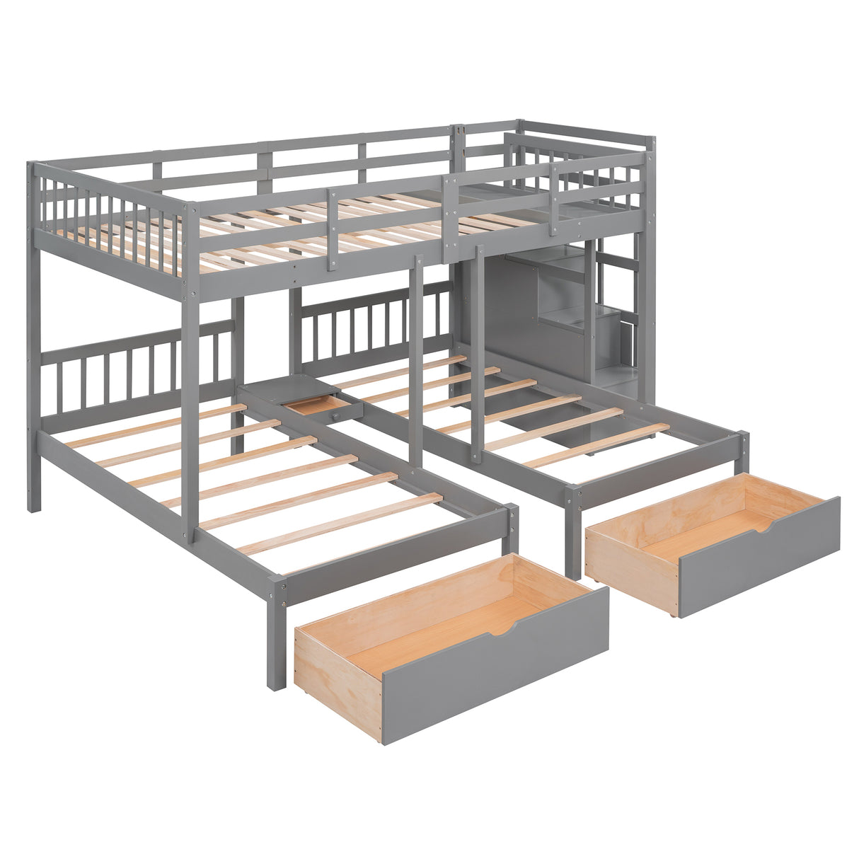 Full Over Twin & Twin Bunk Bed, Wood Triple Bunk Bed with Drawers and Guardrails (Gray) Home Elegance USA