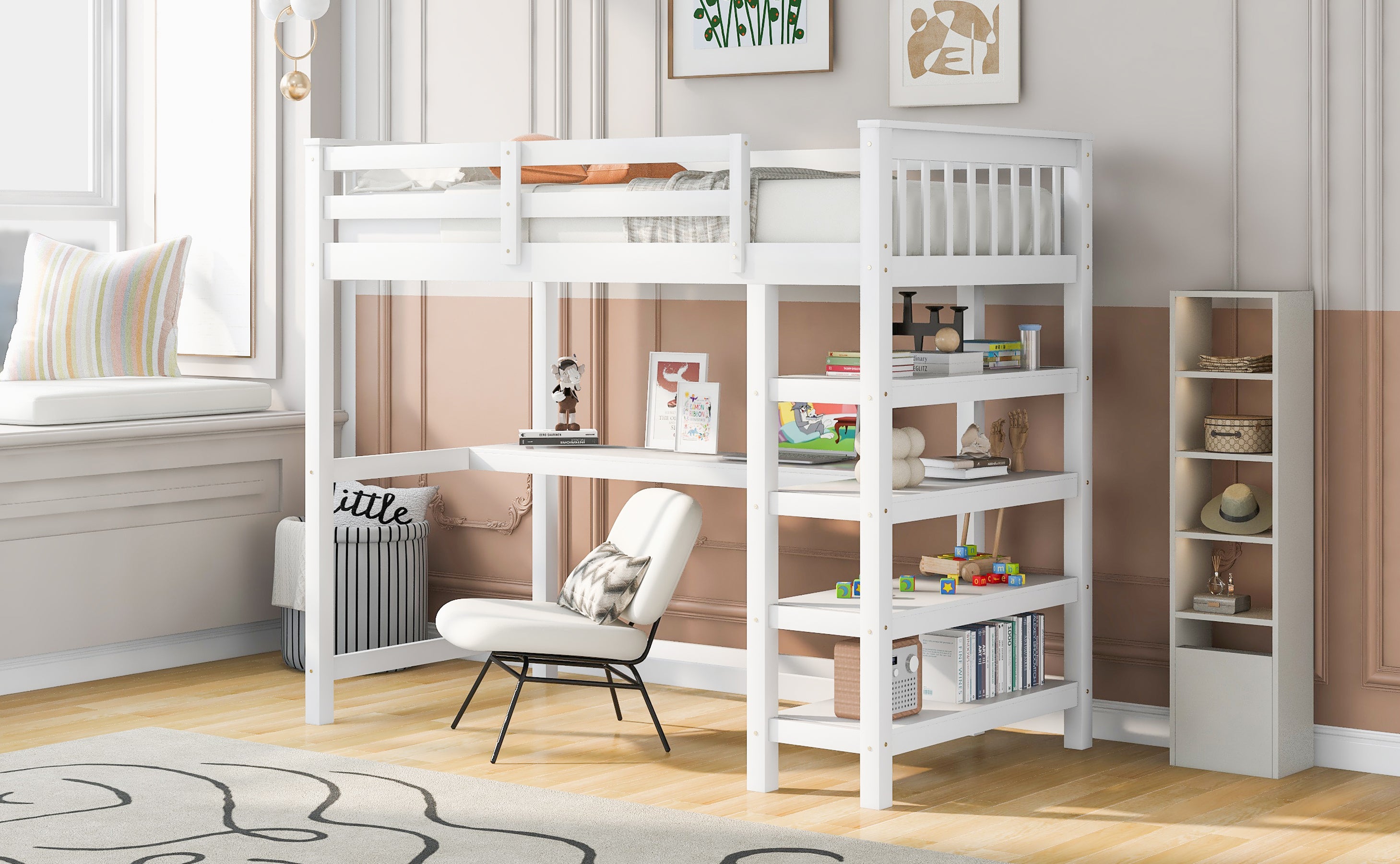 Loft bed with 2024 desk and shelves