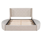 Upholstered Platform Bed Queen Size Storage Velvet Bed with Wingback Headboard and 1 Big Drawer,2 Side Storage Stool(Beige) - Home Elegance USA