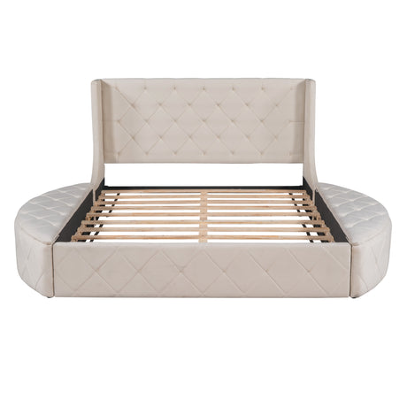 Upholstered Platform Bed Queen Size Storage Velvet Bed with Wingback Headboard and 1 Big Drawer,2 Side Storage Stool(Beige) - Home Elegance USA