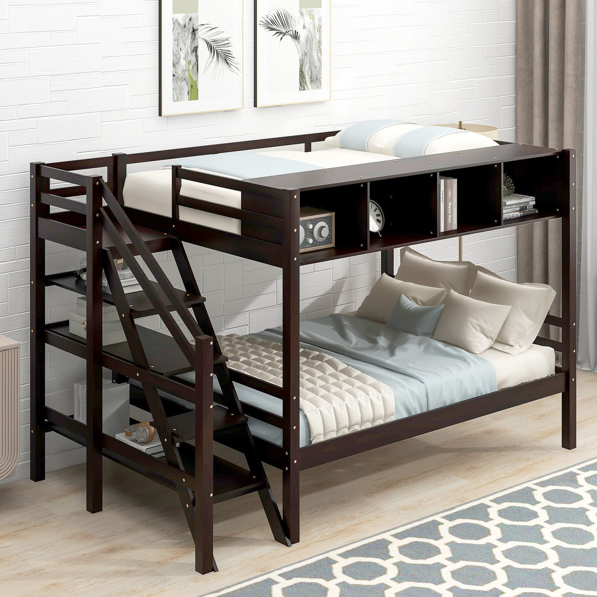 Twin over Full Bunk Bed with Staircase and Built-in Storage Cabinets,Espresso - Home Elegance USA