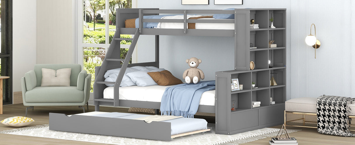 Twin over Full Bunk Bed with Trundle and Shelves, can be Separated into Three Separate Platform Beds, Gray - Home Elegance USA