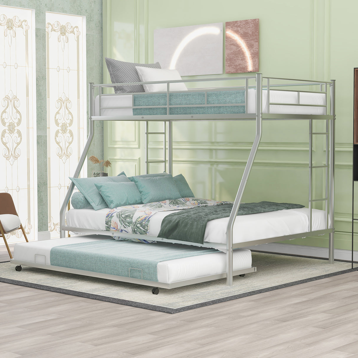 Twin over Full Bed with Sturdy Steel Frame, Bunk Bed with Twin Size Trundle, Two-Side Ladders, Silver(OLD SKU:MF194424AAN) - Home Elegance USA