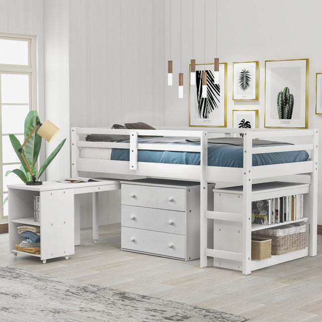 Low Study Twin Loft Bed with Cabinet and Rolling Portable Desk - White (OLD SKU :LP000113AAK) Home Elegance USA