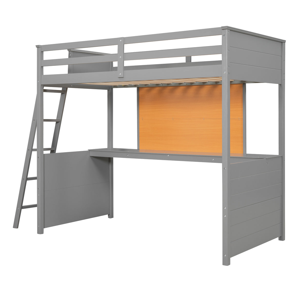 Twin size Loft Bed with Desk and Writing Board, Wooden Loft Bed with Desk - Gray - Home Elegance USA