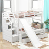 Twin over Full Bunk Bed with Drawers,Storage and Slide, Multifunction, White - Home Elegance USA