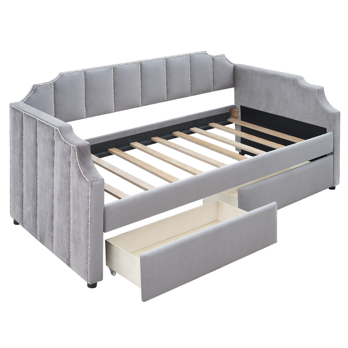 Twin Size Upholstered daybed with Drawers, Wood Slat Support, Gray Home Elegance USA