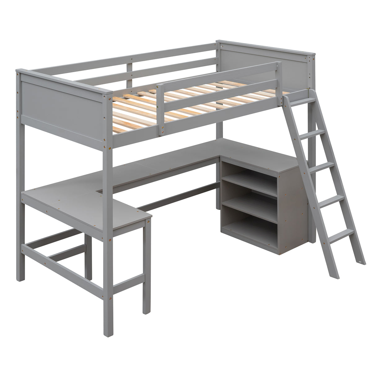 Twin size Loft Bed with Shelves and Desk, Wooden Loft Bed with Desk - Gray(OLD SKU:LT000537AAE) - Home Elegance USA