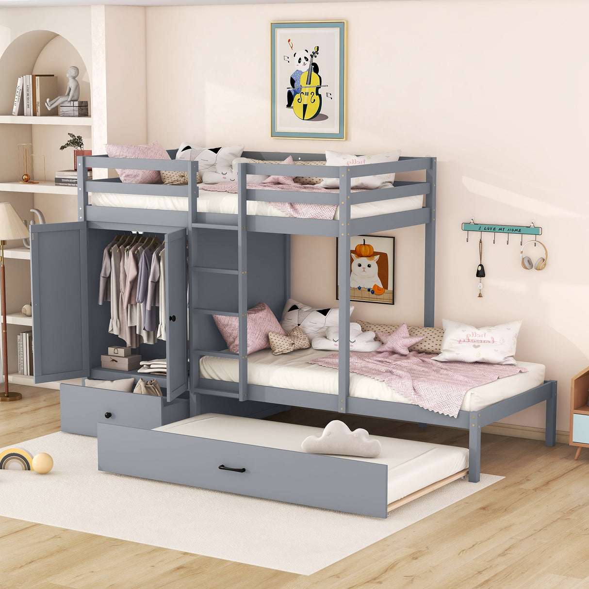 Twin-over-twin Bunk Bed with Wardrobe, Drawers and Shelves, Gray - Home Elegance USA