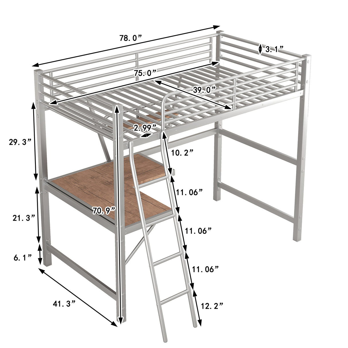 Twin Size Loft Metal&MDF Bed with Desk and Shelf, Silver (Old SKU:SM001105AAN-1) - Home Elegance USA