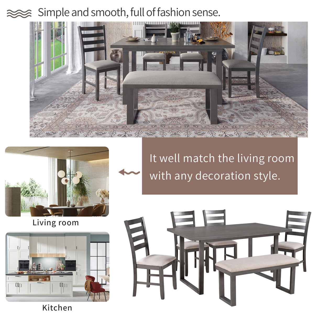 TREXM 6-Pieces Family Furniture, Solid Wood Dining Room Set with Rectangular Table & 4 Chairs with Bench(Gray) - Home Elegance USA