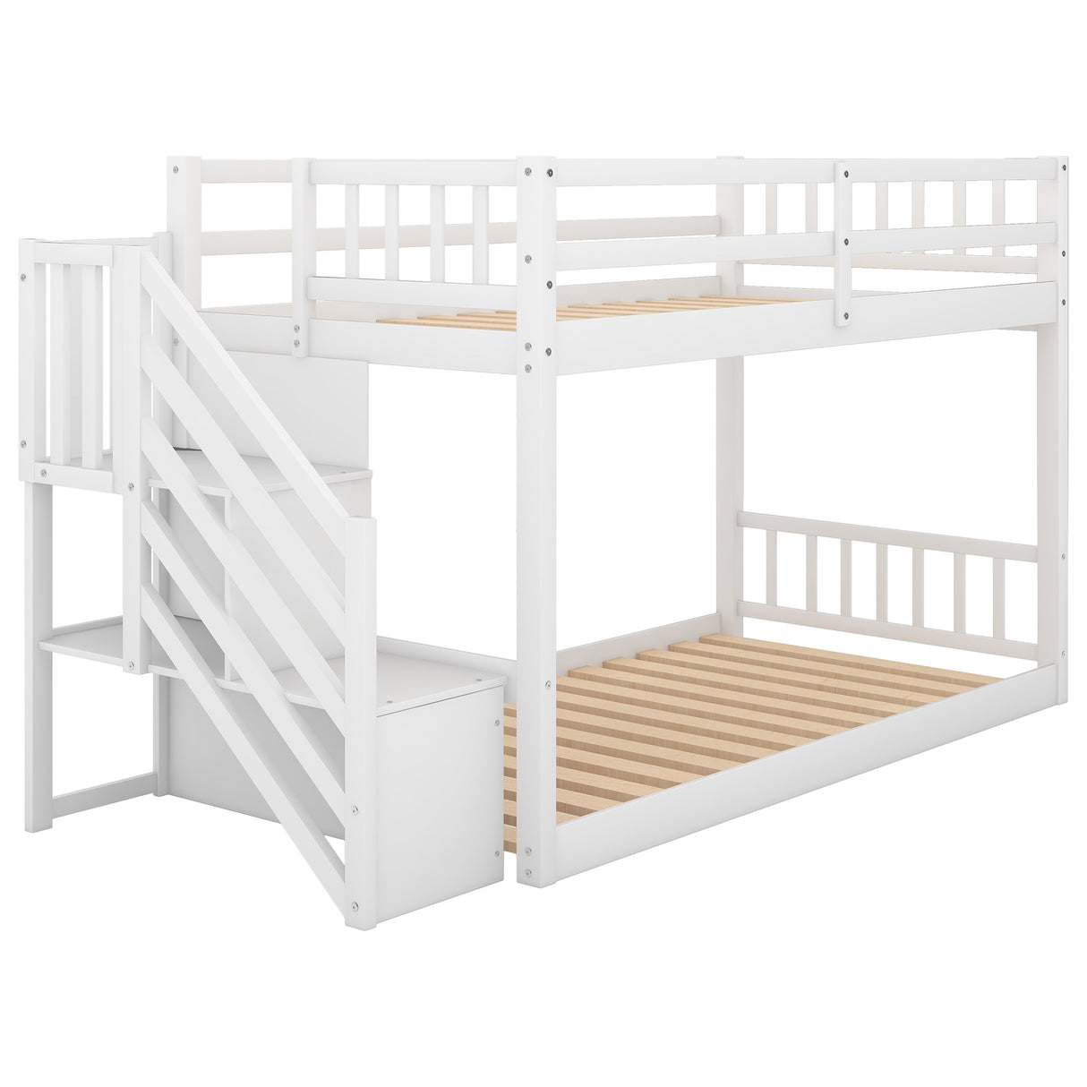 Twin over Twin Floor Bunk Bed, Ladder with Storage, White - Home Elegance USA