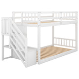 Twin over Twin Floor Bunk Bed, Ladder with Storage, White - Home Elegance USA