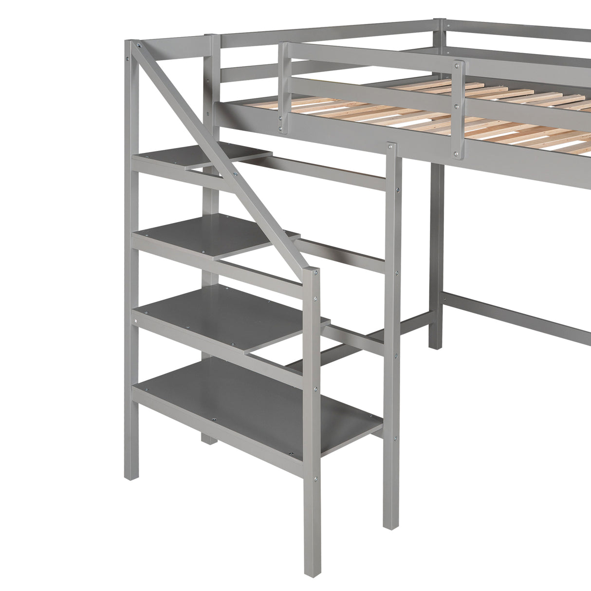 Full Size Loft Bed with Built-in Storage Staircase and Hanger for Clothes,Gray - Home Elegance USA