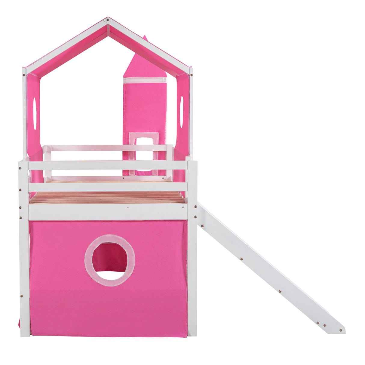 Twin Size Bunk Bed with Slide Pink Tent and Tower - Pink - Home Elegance USA