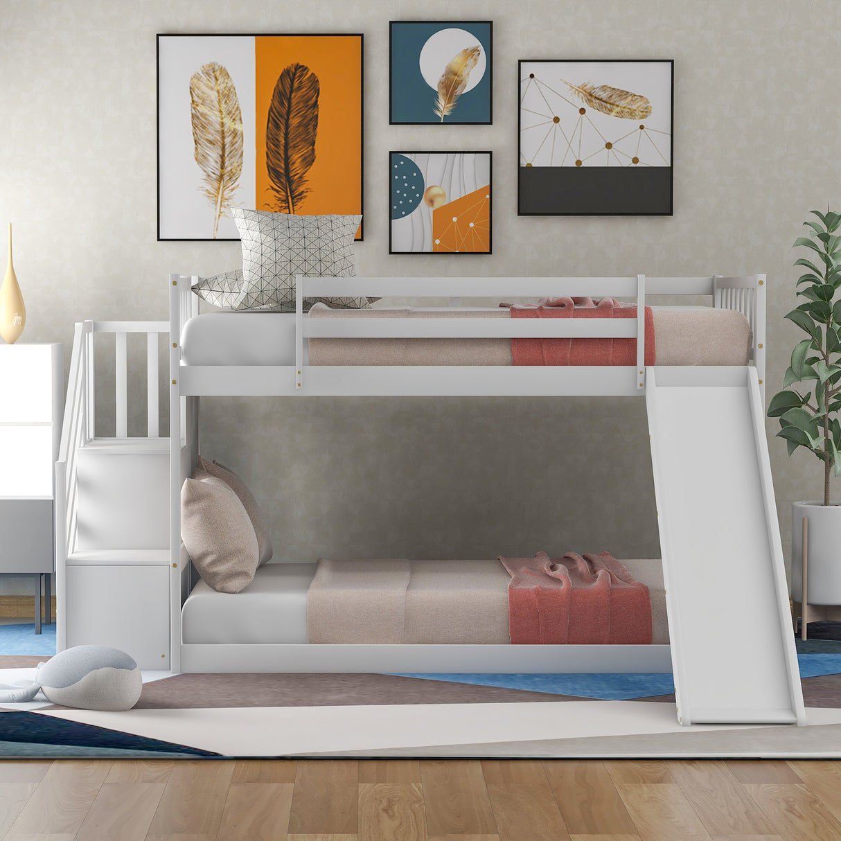 Twin over Twin Bunk Bed with Convertible Slide and Stairway, White - Home Elegance USA