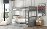 Twin-Over-Twin Bunk Bed with Ladders and Two Storage Drawers (Gray) - Home Elegance USA