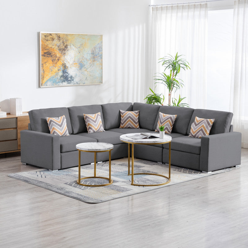 Nolan Gray Linen Fabric 5Pc Reversible Sectional Sofa with Pillows and Interchangeable Legs - Home Elegance USA