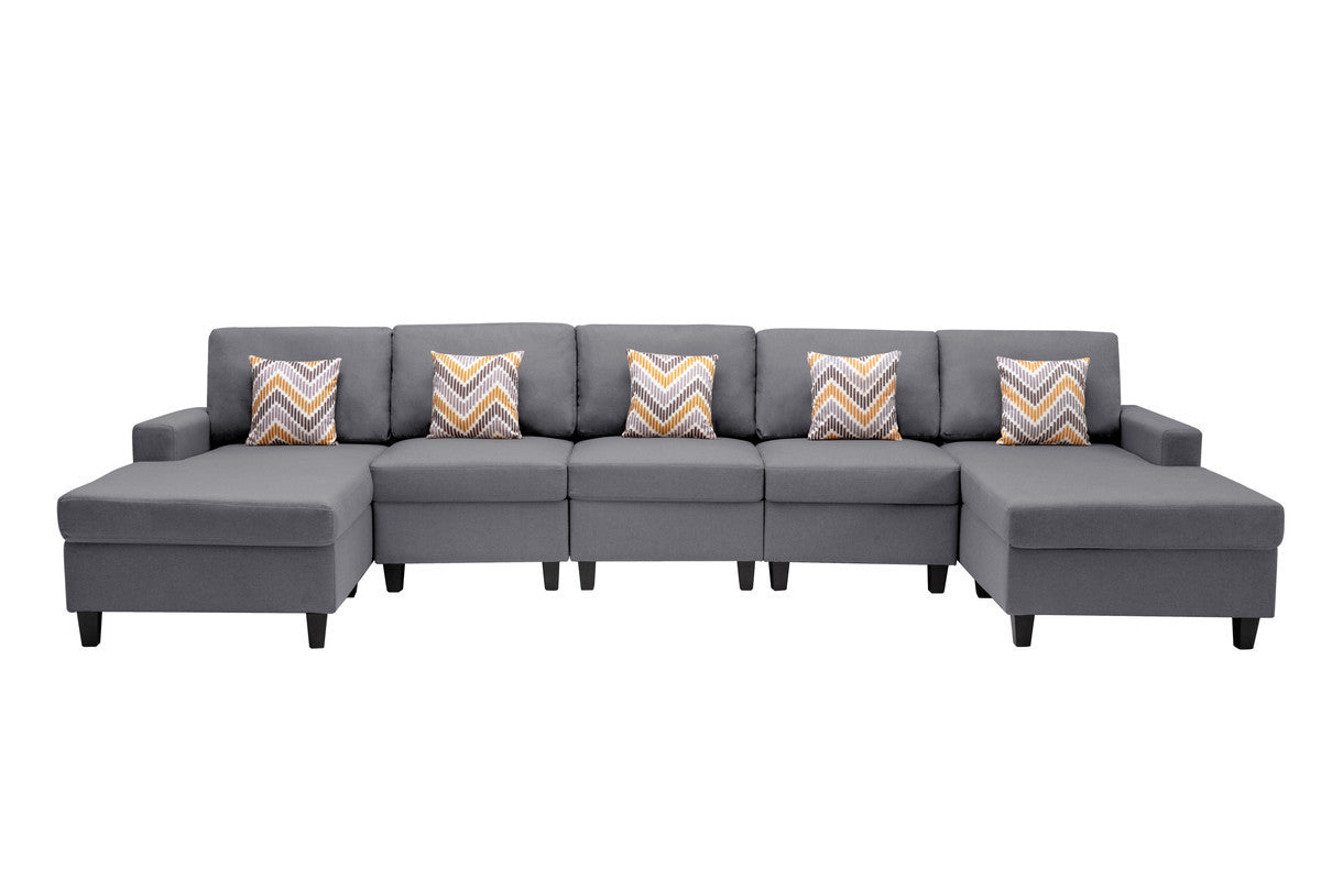 Nolan Gray Linen Fabric 5Pc Double Chaise Sectional Sofa with Pillows and Interchangeable Legs - Home Elegance USA