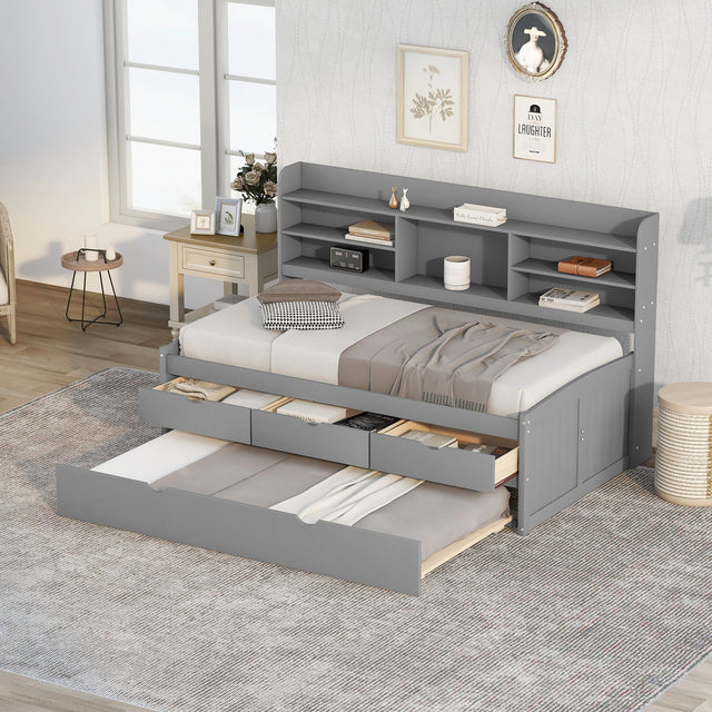 Twin Size Wooden Captain Bed with Built-in Bookshelves,Three Storage Drawers and Trundle,Light Grey - Home Elegance USA