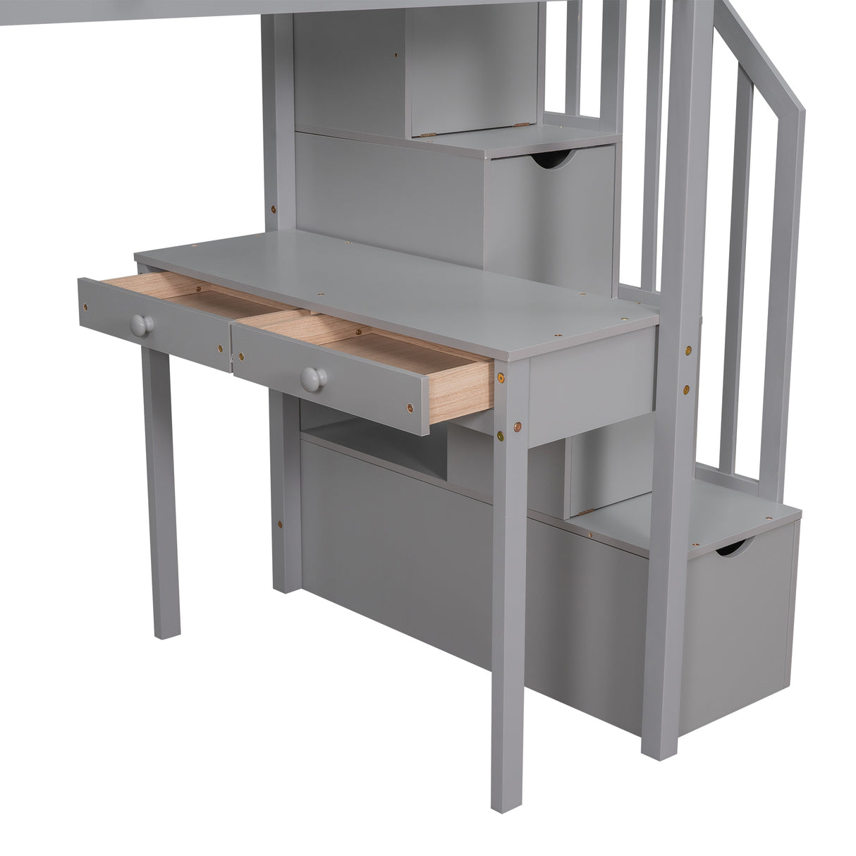 Twin size Loft Bed with Storage Drawers ,Desk and Stairs, Wooden Loft Bed with Shelves - Gray - Home Elegance USA