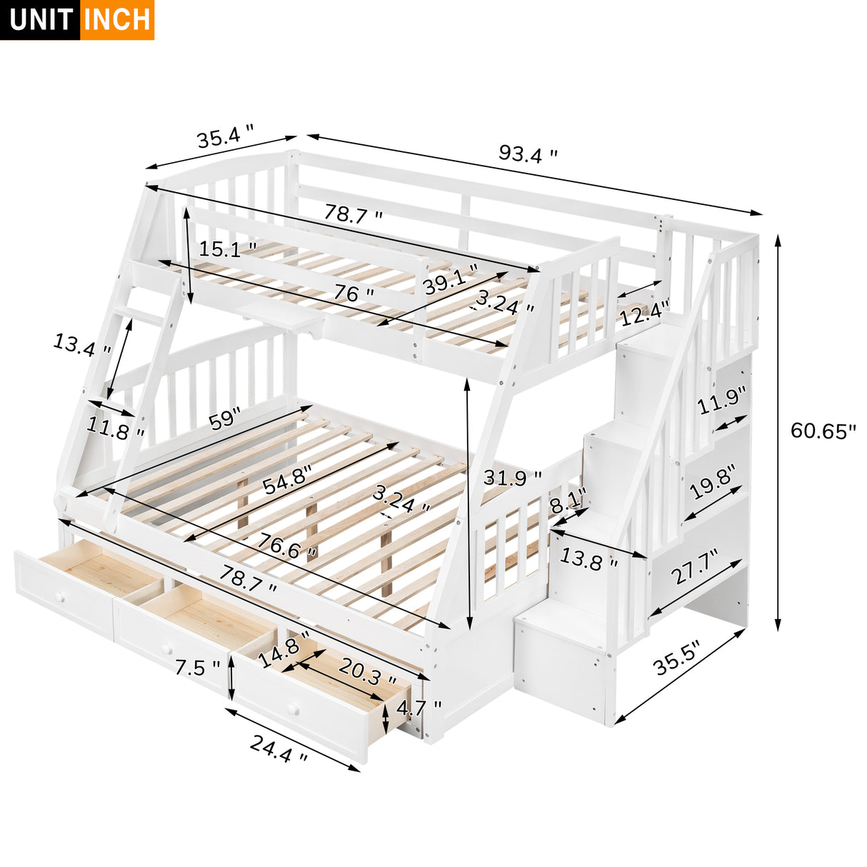 Twin-Over-Full Bunk Bed with Drawers，Ladder and Storage Staircase, White - Home Elegance USA