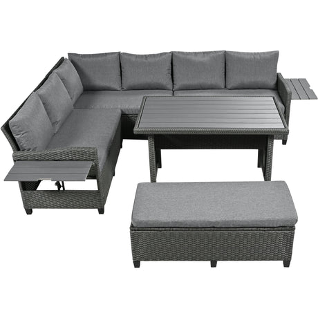 TOMAX 5-Piece Outdoor Patio Rattan Sofa Set, Sectional PE Wicker L-Shaped Garden Furniture Set with 2 Extendable Side Tables, Dining Table and Washable Covers for Backyard, Poolside, Indoor, Gray - Home Elegance USA