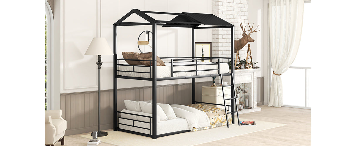 Twin Over Twin Bunk Bed Metal Bed with Half Roof, Guardrail and Ladder Black - Home Elegance USA