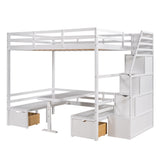 Full over Full Size Bunk Bed with staircase,the Down Bed can be Convertible to Seats and Table Set,White - Home Elegance USA