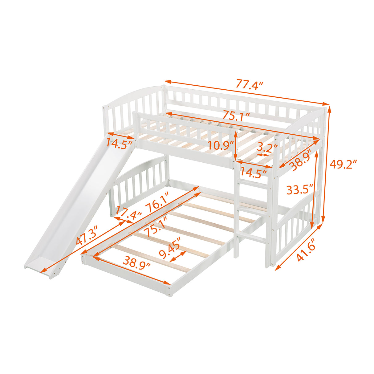 Twin Over Twin Bunk Bed with Slide and Ladder, White(OLD SKU :LP000514AAK) - Home Elegance USA